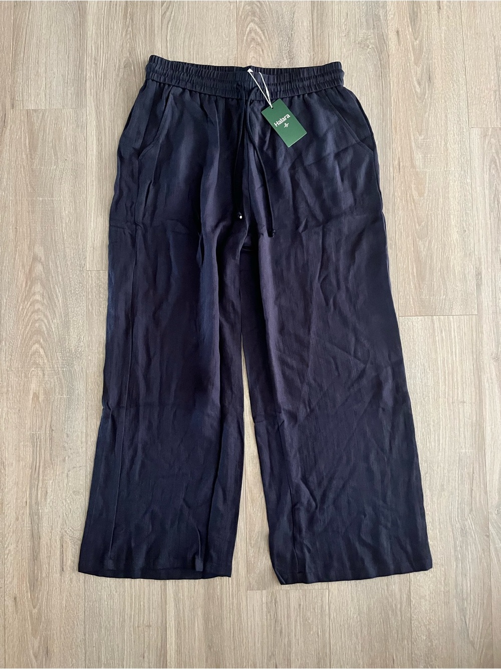 NWT Halara Women’s High Waisted Drawstring Wide Leg Linen Feel Pants Navy Large - Picture 2 of 6